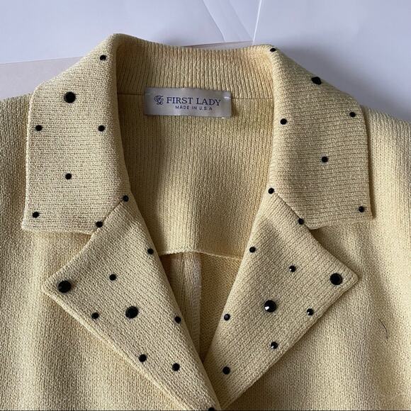 First Lady Knit Jacket Soft Pale Yellow with Black Buttons Wool Blend Vintage M - Picture 4 of 12